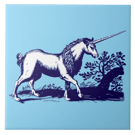 Vintage Barockzeit Blaues & Weißes Einhorn Fliese (Vorderseite)