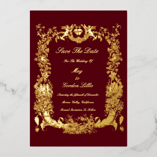 Vintage Baroque Rococo Border with Hearts Folieneinladung (Vorderseite)