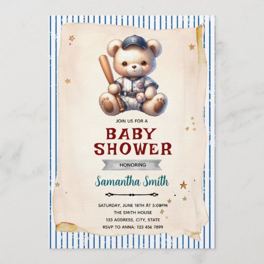 Vintage Baseball Bear Baby Shower Invitation Einladung (Vorderseite)