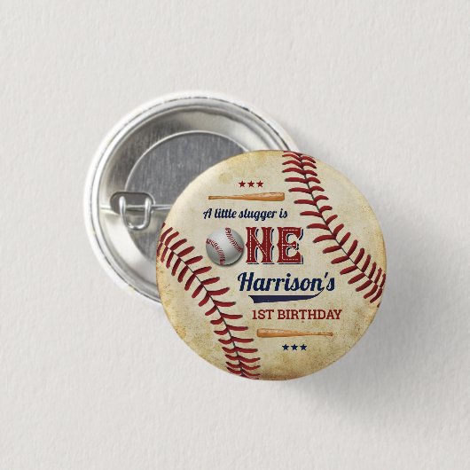 Vintage Baseball Boys 1. Geburtstag Button (Vorne & Hinten)