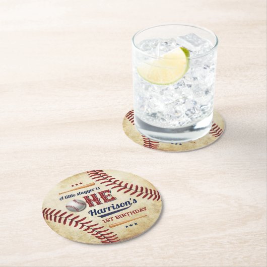 Vintage Baseball Boys 1. Geburtstag Runder Pappuntersetzer (Vor Ort)