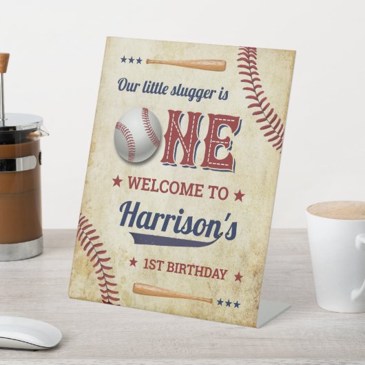 Vintage Baseball Boys 1. Geburtstag Willkommen Sockelschild (In SItu)