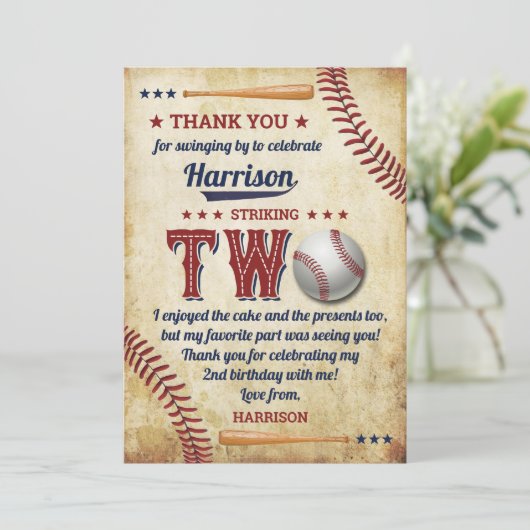 Vintage Baseball Boys 2. Geburtstag Dankeskarte (Stehend Vorderseite)