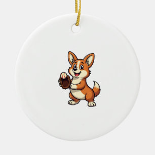 Vintage-Baseball-Corgi-Hund-Catcher-Cartoon-Vektor Keramik Ornament