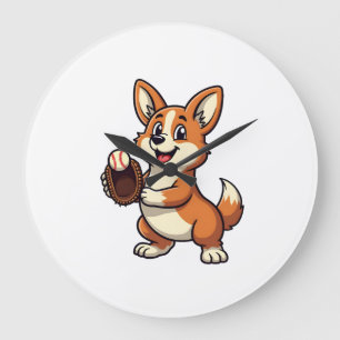 Vintage-Baseball-Corgi-Hundfänger-Cartoon-Vektor  Große Wanduhr