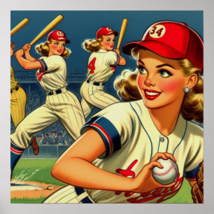 Vintage Baseball-Girls-Illustration Poster