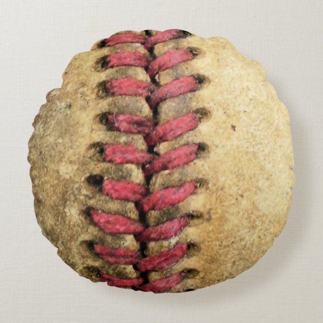 Vintage-Baseball-Kunst - gealtertes Leder und rote Rundes Kissen (Vorderseite)