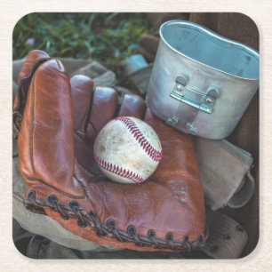 Vintage-Baseballhandschuh und Ball Baseball-Handsc Rechteckiger Pappuntersetzer