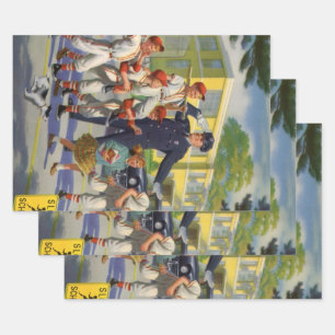 Vintage Baseballspieler und Polizeistreifenaufsich Geschenkpapier Set