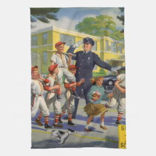 Vintage Baseballspieler und Polizeistreifenaufsich Geschirrtuch