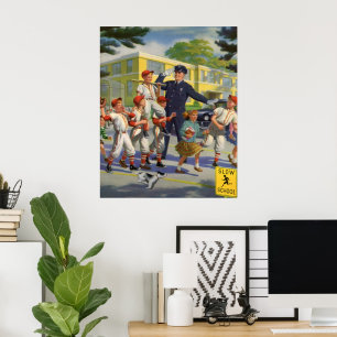 Vintage Baseballspieler und Polizeistreifenaufsich Poster