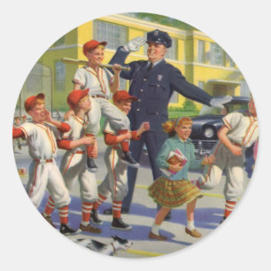 Vintage Baseballspieler und Polizeistreifenhelfer Runder Aufkleber