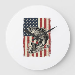 Vintage-Bass-Fischen-Amerikanisches-Flag-Shirt-Des Große Wanduhr