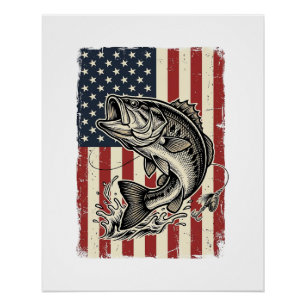 Vintage-Bass-Fischen-Amerikanisches-Flag-Shirt-Des Poster