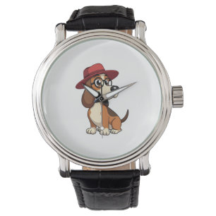 Vintage-Basset-Hound-Cartoon mit roter Mütze Süßer Armbanduhr