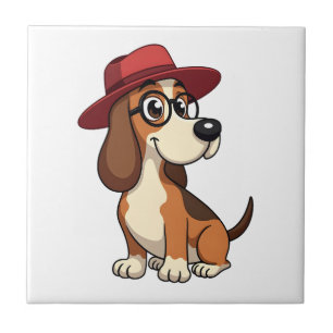 Vintage-Basset-Hound-Cartoon mit roter Mütze Süßer Fliese