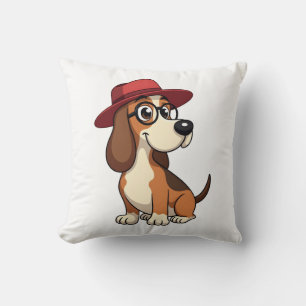 Vintage-Basset-Hound-Cartoon mit roter Mütze Süßer Kissen