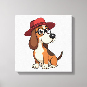 Vintage-Basset-Hound-Cartoon mit roter Mütze Süßer Leinwanddruck