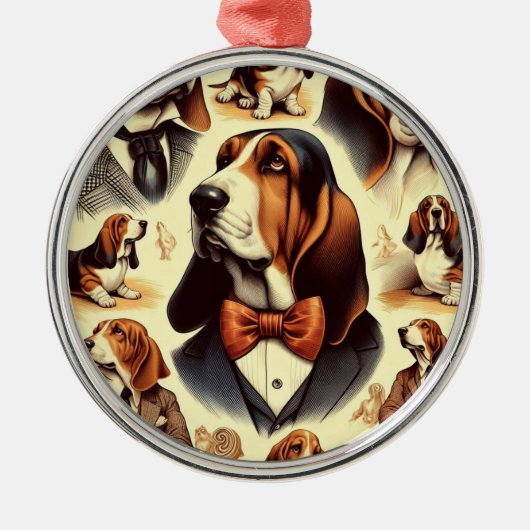 Vintage Basset Hound Illustration Ornament Aus Metall (Vorne)