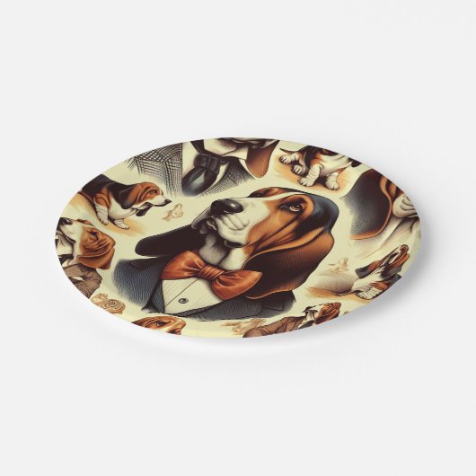 Vintage Basset Hound Illustration Pappteller (Schrägansicht)