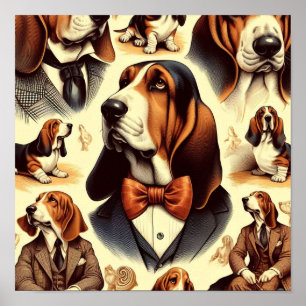Vintage Basset Hound Illustration Poster
