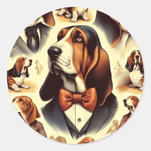 Vintage Basset Hound Illustration Runder Aufkleber (Vorderseite)