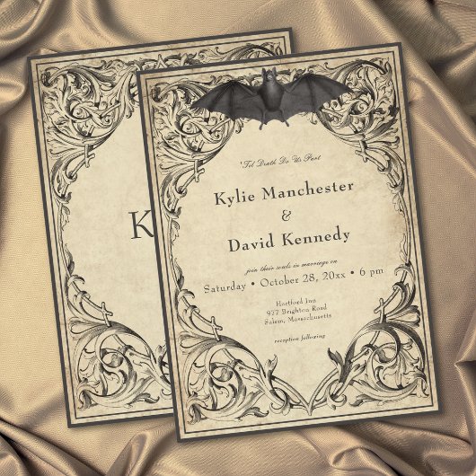 Vintage Bat Until Death Black Parchment Wedding Einladung