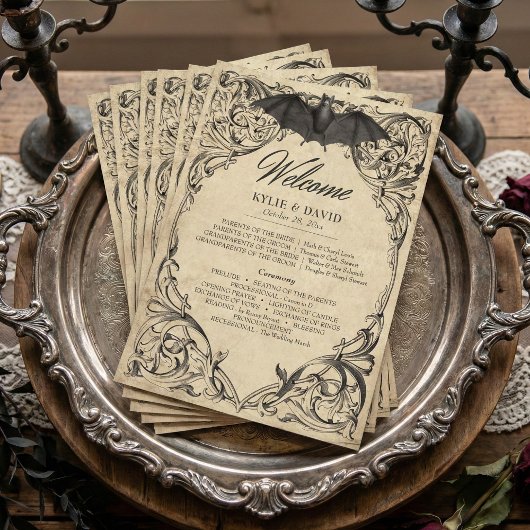 Vintage Bat Until Death Black Parchment Wedding Programm