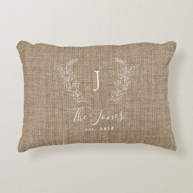 Vintage Bauernfamilie mit Monogramm Jute Dekokissen (Vorderseite)