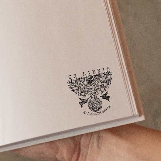 Vintage-Baum mit Vögeln, Buch Ex Libris Gummistempel