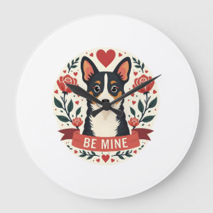 Vintage Be Mine Corgi Valentinstag Florale Folk Ar Große Wanduhr