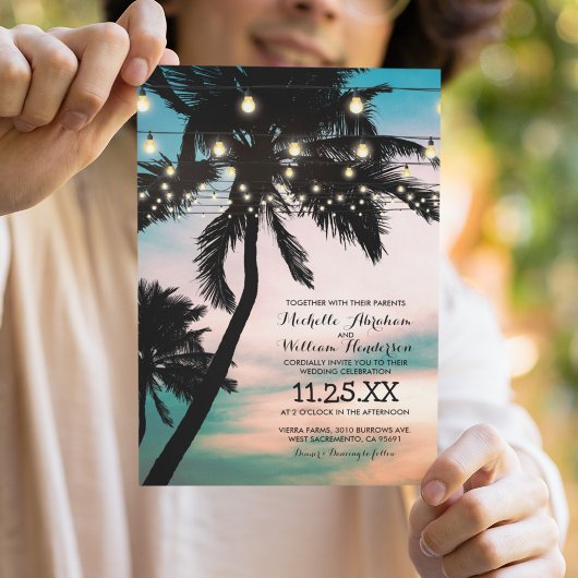 Vintage Beach Palm Tree Twinkle Lights Wedding Einladung