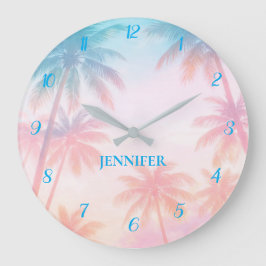 Vintage Beach Sunset Palm Trees Pastel             Große Wanduhr