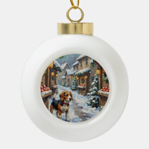 Vintage-Beagle auf einem verschneiten Weihnachtsma Keramik Kugel-Ornament