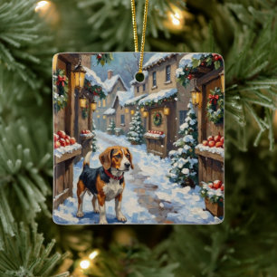Vintage-Beagle auf einem verschneiten Weihnachtsma Keramikornament