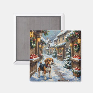 Vintage-Beagle auf einem verschneiten Weihnachtsma Magnet