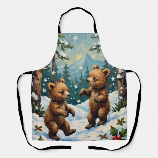 Vintage Bear Cubs Playing in Snowy Christmas Schürze (Vorderseite)