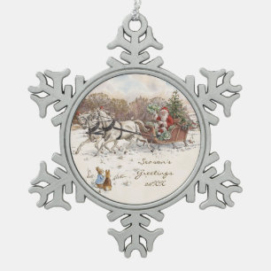 Vintage Beatrix Potter Weihnachtskaninchen und San Schneeflocken Zinn-Ornament