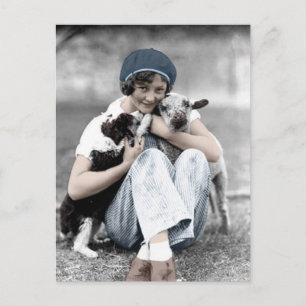 Vintage Beauty With Animals Postcard Postkarte