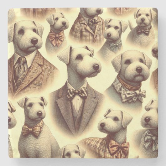 Vintage Bedlington Terrier Illustration Steinuntersetzer (Vorderseite)