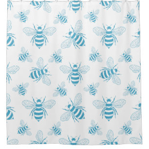 Vintage Bee Botanical Blau (1) Duschvorhang