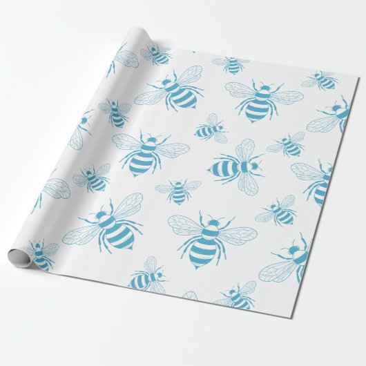Vintage Bee Botanical Blau (1) Geschenkpapier (Ungerollt)