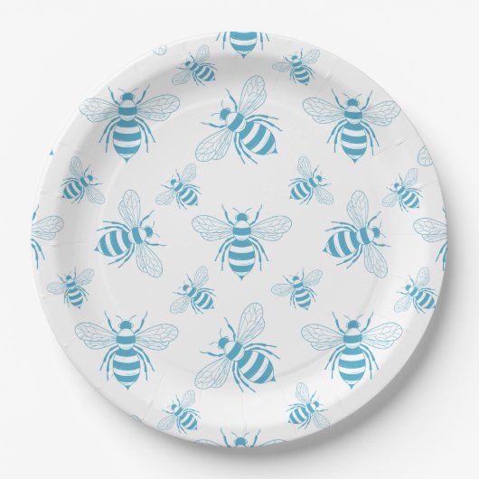 Vintage Bee Botanical Blau (1) Pappteller (Vorderseite)