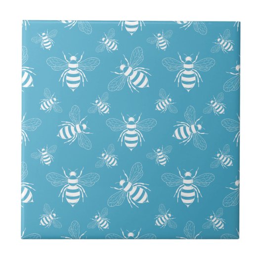 Vintage Bee Botanical Blau (2) Fliese (Vorderseite)