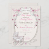 Vintage Beförderung Elfenbein Pink Gingham Birds Einladung (Vorne/Hinten)