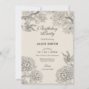 Vintage beige Bird Hortensien Blumen Geburtstag Einladung