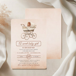 Vintage Beige Blumen-Kinderwagen-Baby-Party Einladung