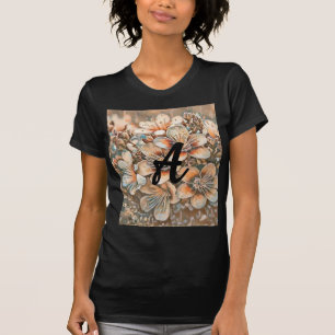 Vintage beige braune Kirschblüten Monogramm T-Shirt