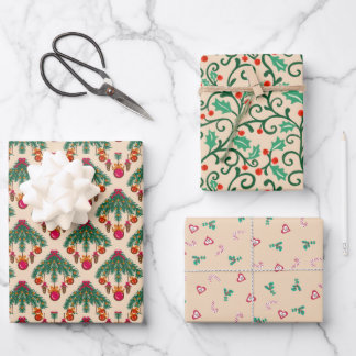 Vintage beige Christmas twigs and holy vines candy Geschenkpapier Set