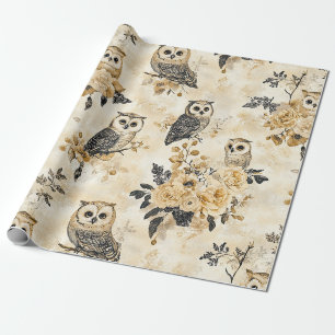 Vintage Beige Eulen Botanical Wald Muster Geschenkpapier